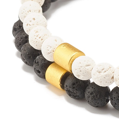 2Pcs 2 Style Natural Lava Rock(Dyed) Round Beaded Stretch Bracelets Set with Column Synthetic Hematite BJEW-JB07578-1