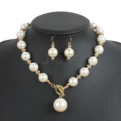 ABS Plastic Imitation Pearl Round Beaded Pendant Necklaces & Dangle Earrings Sets for Women WGD1C77-02-1
