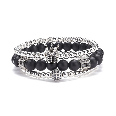 3Pcs 3 Style Round Synthetic Black Stone & Hematite Beaded Stretch Bracelets Set BJEW-JB07688-03-1