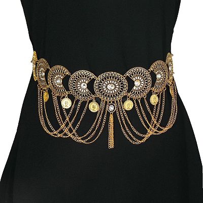 Ethnic Style Alloy Crystal Rhinestone Coin Link Chain Tassel Waist Belly Chains for Dancer FS-WG3C509-01-1