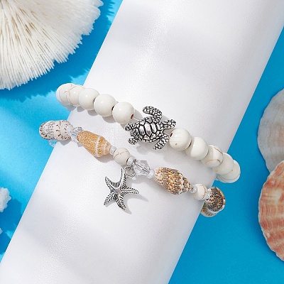 2Pcs 2 Style Synthetic Howlite & Glass & Shell Stretch Bracelets with Tortoise BJEW-JB10091-03-1