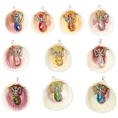 10Pcs 10 Colors Shell & Alloy Glass Angel Big Pendants PALLOY-CJ00051-1