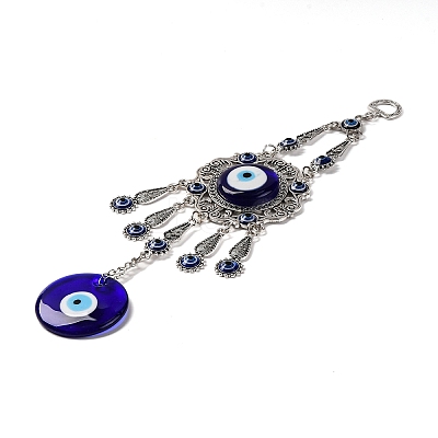Blue Flat Round with Evil Eye Lampwork Pendant Decoration HJEW-Z005-02AS-1