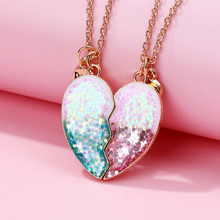 2Pcs Fashionable Alloy Resin BFF Glitter Heart Magnetic Pendant Necklaces for Women FS-WGCB8A0-01-1