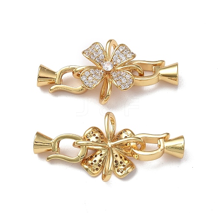 Rack Plating Flower Brass Pave Clear Cubic Zirconia Fold Over Clasps KK-E080-01G-1