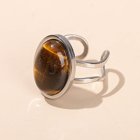304 Stainless Steel & Natural Tiger Eye Cuff Rings FS-WGDE3F0-03-1