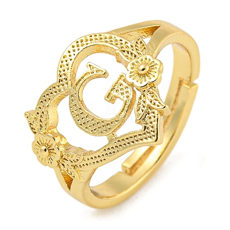 Heart with Letter & Flower Rack Plating Brass Adjustable Rings for Women RJEW-I105-05G-G-1