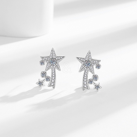 Brass Micro Pave Clear Cubic Zirconia Star Stud Earrings EJEW-B134-01-1