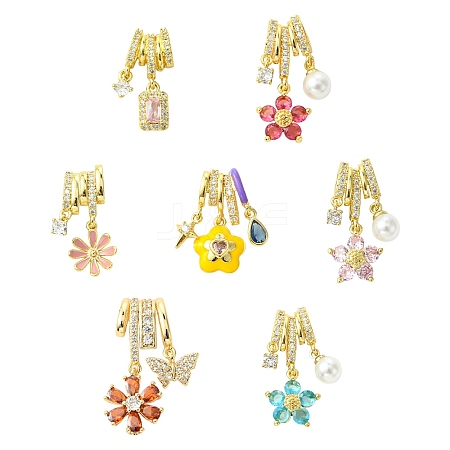 7Pcs 7 Styles Rack Plating Brass Micro Pave Clear Cubic Zirconia Pendants KK-CJ0004-03-1