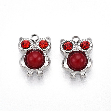 Natural Red Jasper and Ruby Rhinestone Owl Charms STAS-T064-66P-1