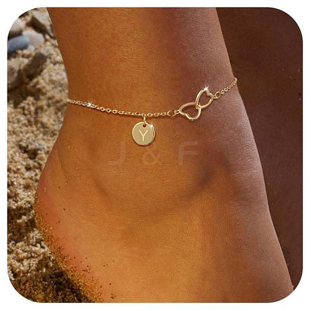 Brass Double Heart Link Flat Round Initial Charm Anklets for Women FS-WGA84B7-02-1