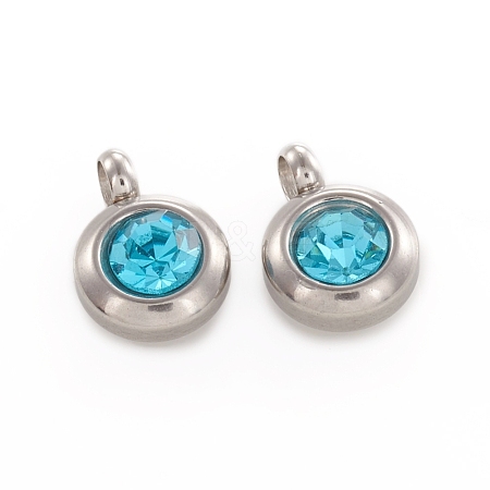 Trendy Original Color 304 Stainless Steel Faceted Grade A Rhinestone Flat Round Charms Pendants RB-N030-01G-1