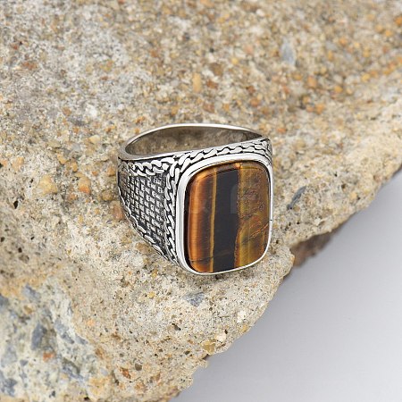 304 Stainless Steel with Natural Tiger Eye Finger Rings FS-WG67565-38-1