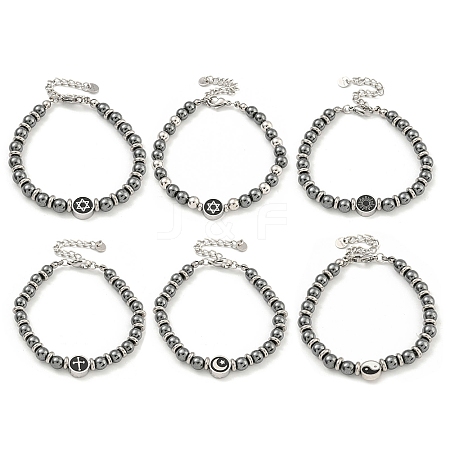 304 Stainless Steel & Synthetic Non-magnetic Hematite Round Beaded Bracelets for Women BJEW-G717-12-1