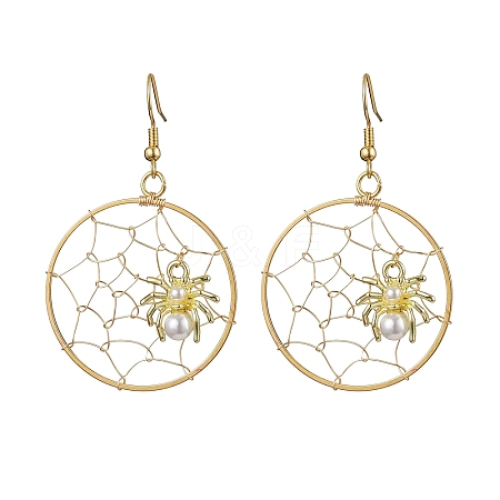 Copper Wire Wrapped Spider Web & Spider Dangle Earrings EJEW-JE05827-1