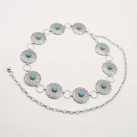Ethnic Style Alloy with Dyed Synthetic Turquoise Flower Link Chain Waist Belly Chains for Women FS-WGC6A5F-02-1