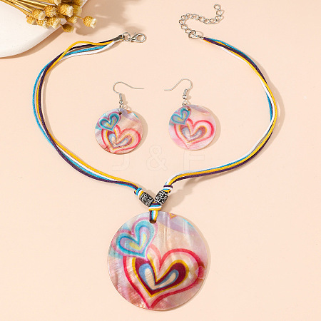 Boho Printed Natural Shell Graffiti Flat Round Pendant Earrings & Necklaces Set FS-WG2A623-01-1