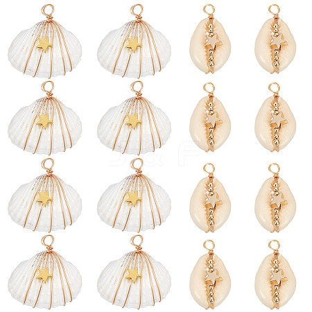 20Pcs 2 Styles Natural Cowrie Shell/Spiral Shell Copper Wire Wrapped Pendants FIND-SC0014-25-1