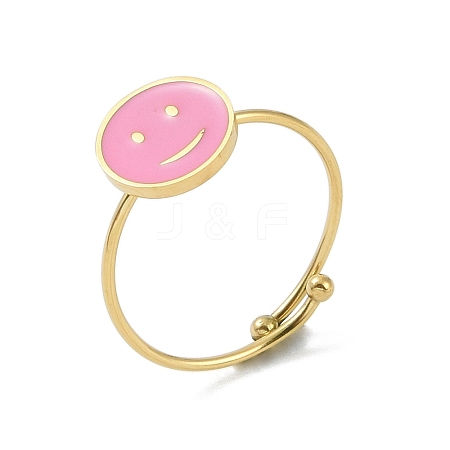 Ion Plating(IP) Flat Round with Smiling Face 304 Stainless Steel Enamel Ring RJEW-A038-12G-02-1