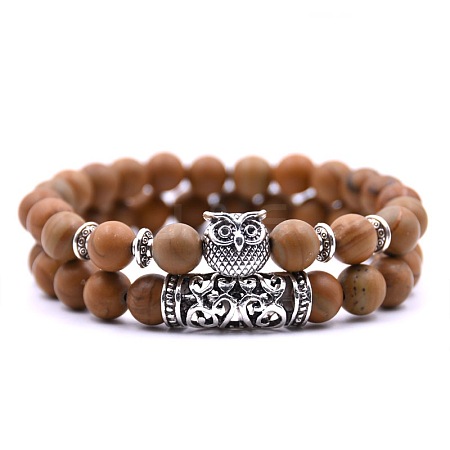 Natural Wood Lace Stone Stretch Bracelets Set with Alloy Owl Beaded ANIM-PW0003-027P-1