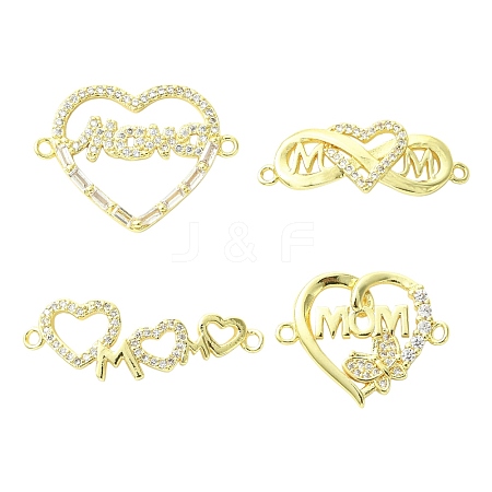 4Pcs 4 Styles Heart Brass Micro Pave Clear Cubic Zirconia Connector Charmss KK-CJ0005-73-1