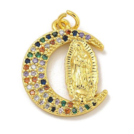 Virgin Mary Theme Rack Plating Brass Micro Pave Cubic Zirconia Pendants KK-C074-70G-01-1