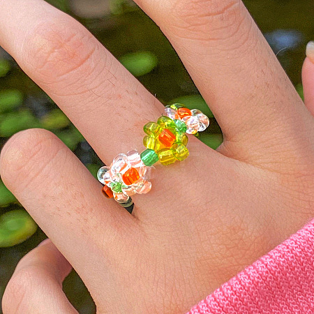 Glass Beaded Stretch Finger Rings for Women FS-WG76F8F-04-1