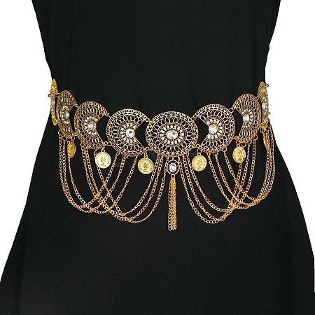 Ethnic Style Alloy Crystal Rhinestone Coin Link Chain Tassel Waist Belly Chains for Dancer FS-WG3C509-01-1