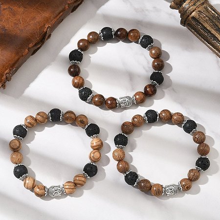 3Pcs 3 Colors Natural Wood & Lava Rock Round Beads Stretch Bracelets BJEW-JB12353-1
