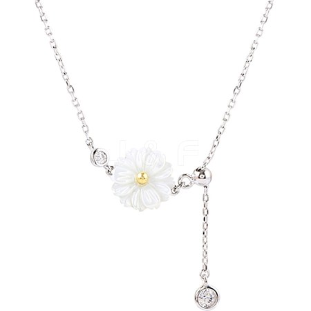 925 Sterling Silver Chain Tassel Lariat Necklace with Shell Daisy for Women NJEW-BB72236-A-1