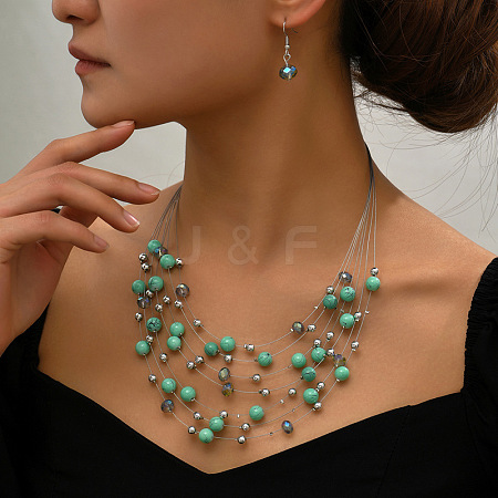 Bohemian Ethnic Style Alloy & Plastic Pearl & Glass Round Beaded Multilayer Necklaces & Dangle Earrings Sets FS-WG56E61-02-1
