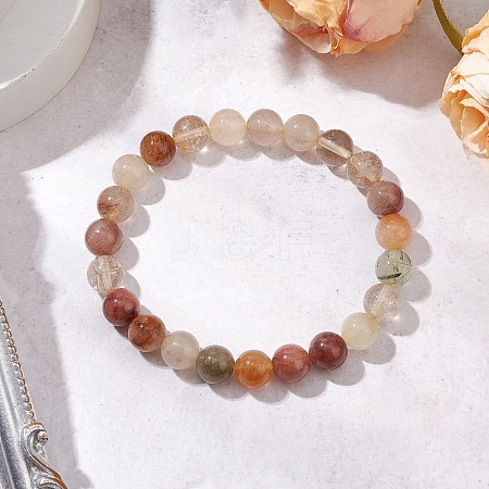 Natural Rutilated Quartz Round Beaded Stretch Bracelets for Women Men BJEW-JB11428-1