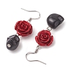 Halloween Synthetic Coral Red Flower & Synthetic Turquoise Black Skull Dangle Earrings EJEW-JE06069-S-4