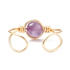Natural Amethyst Round Beaded Open Cuff Ring RJEW-TA00041-02-6