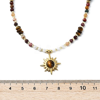 304 Stainless Steel Natural Tiger Eye Sun Pendant Round Natural African Turquoise(Jasper) & Faceted Mookaite & Shell Beaded Necklaces for Women NJEW-JN06091-1