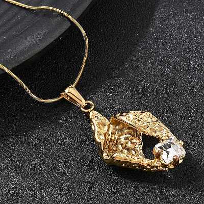 304 Stainless Steel with Clear Glass Leaf Pendant Necklaces NJEW-G184-06G-1