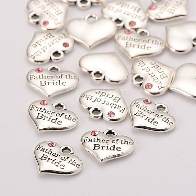Wedding Theme Antique Silver Tone Tibetan Style Alloy Heart with Father of the Bride Rhinestone Charms LS-TIBEP-N005-19D-1