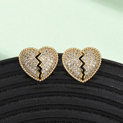 Broken Heart Brass Micro Pave Cubic Zirconia Stud Earrings EJEW-B153-19G-03-1