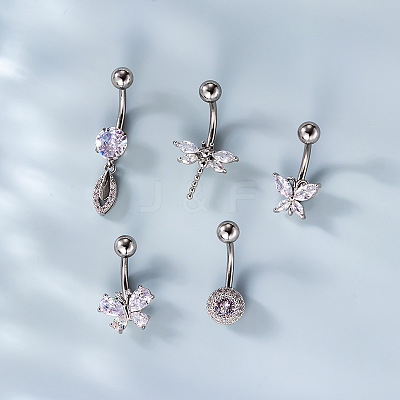 316L Surgical Stainless Steel Clear Cubic Zirconia Curved Barbell Belly Rings WG7644D-04-1