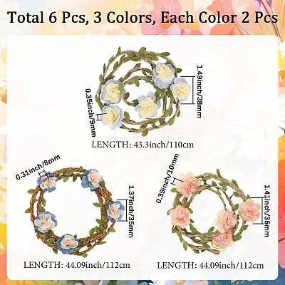 6Pcs 3 Styles Polyester & Linen Flower Rattan Straw Hat Bands AJEW-CN0004-39-1