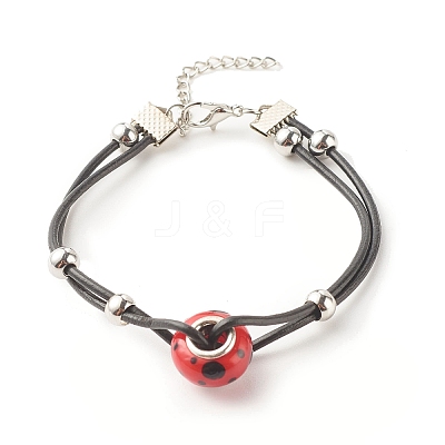 Lampwork Big Rondelle Link Bracelet with Cowhide Leather Cord for Women BJEW-JB07848-1