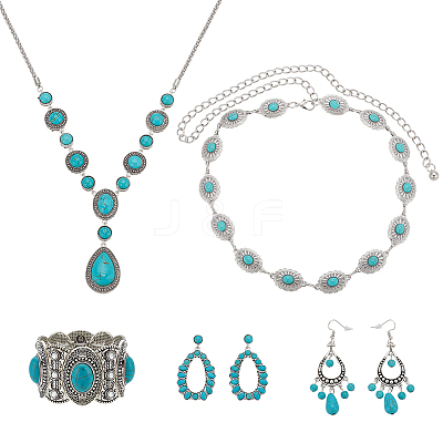 Synthetic Turquoise Hollow Out Teardorp Chandelier & Dangle Stud Earring & Stretch Bracelet & Lariat Necklace & Link Chain Waist Belt SJEW-AN0001-01-1