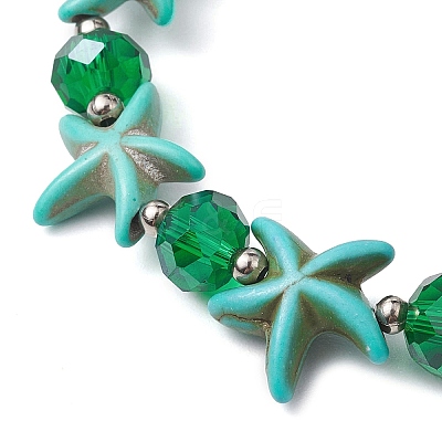 Summer Beach  Starfish Dyed Synthetic Turquoise & Faceted Glass Beaded Stretch Bracelets for Women Men BJEW-JB10454-02-1
