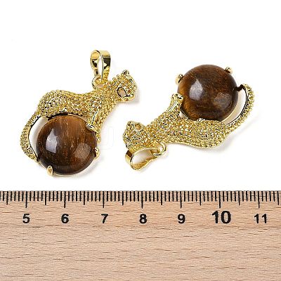 Natural Tiger Eye Ball with Leopard Shape Brass Pendants KK-F887-04G-27-1