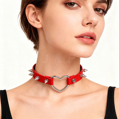 Adjustable Adjustable Gothic PU Leather Alloy Spike Rivet Heart Choker Necklaces for Women NJEW-WH20816-006P-C-1