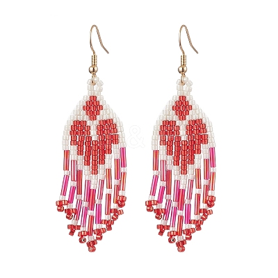 2 Pairs Heart Glass Seed Beaded Tassel Dangle Earrings for Women EJEW-MZ00201-1