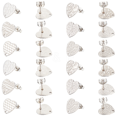 48Pcs 6 Styles Textured Heart 304 Stainless Steel Stud Earring Findings STAS-SP0001-48-1