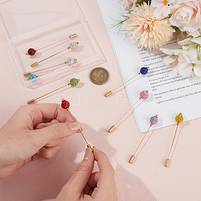 10Pcs 10 Colors Polymer Clay Rhinestone Round Ball Brass Lapel Pins JEWB-BC00011-1