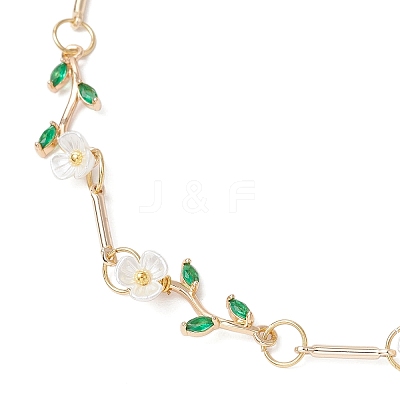 Brass Micro Pave Green Cubic Zirconia & Imitation Pearl Flower Branch Link Chain Necklaces for Women NJEW-JN05309-1