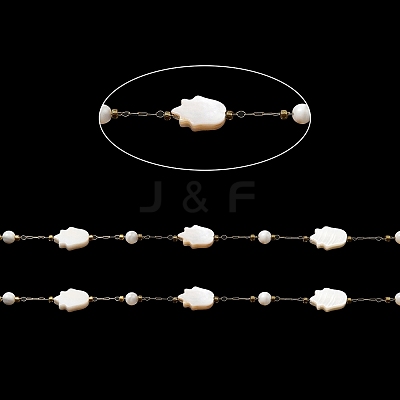 Natural Shell Hamsa Hand & Round Link Chains CHS-G028-06G-1